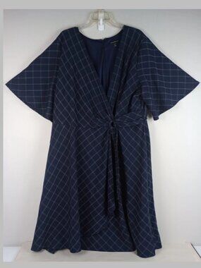 Lane Bryant Womens 26/28 Navy Blue Bell Sleeve Zip Up Tie Front Faux Wrap Dress